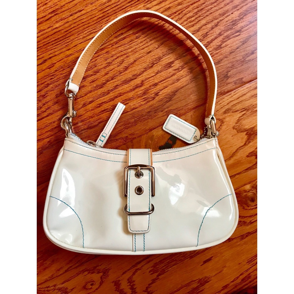 Coach white patent leather purse with blue stitch
